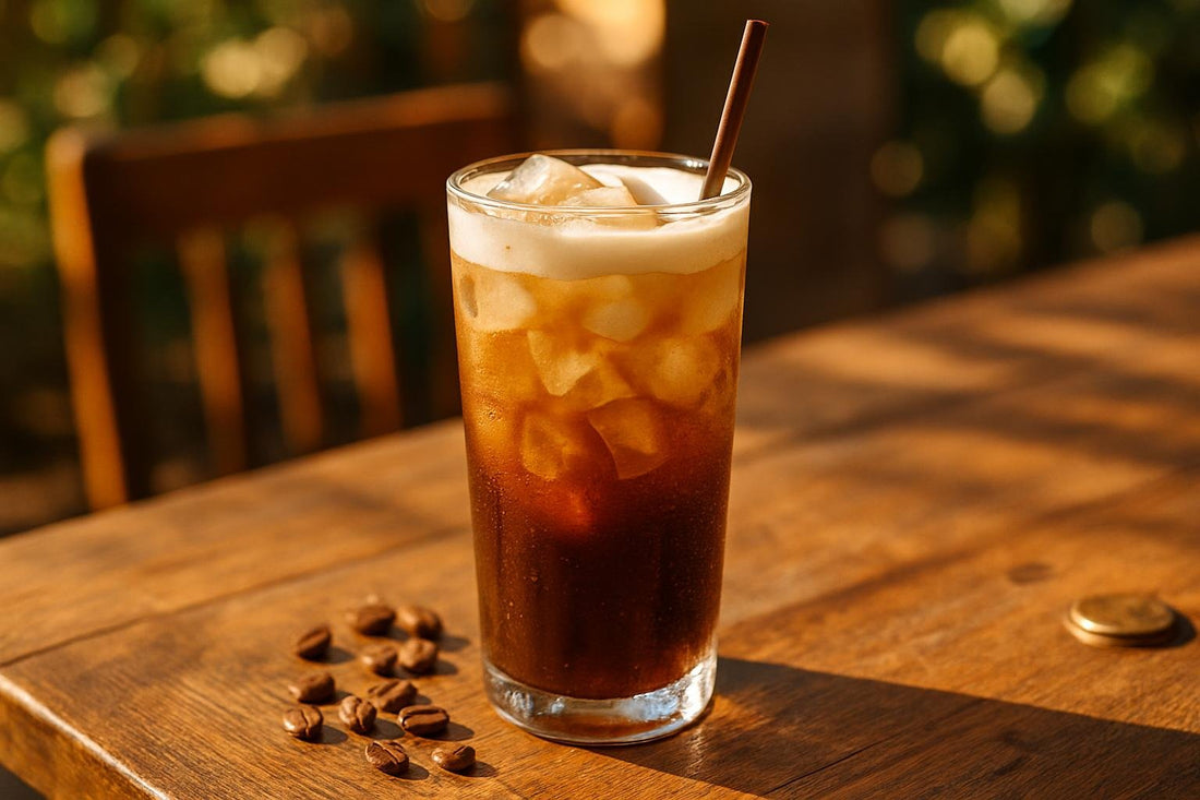 Brown Sugar Cold Brew in a glass on an oak patio table