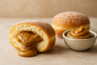 Filled doughnut cut open to show brown sugar custard