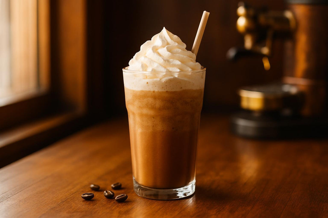 Brown Sugar Frappé in a glass on an oak café counter