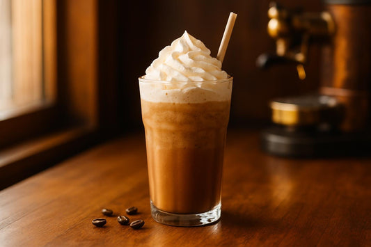 Brown Sugar Frappé in a glass on an oak café counter