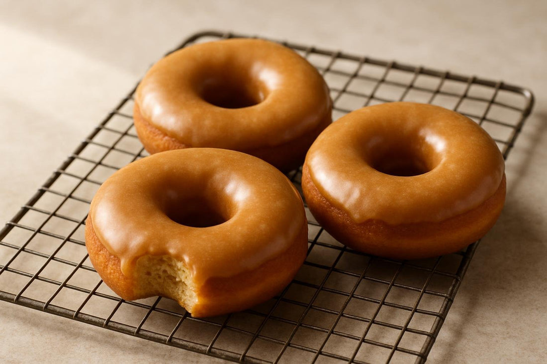 Doughnuts finished with brown sugar glaze on a cooling rack
