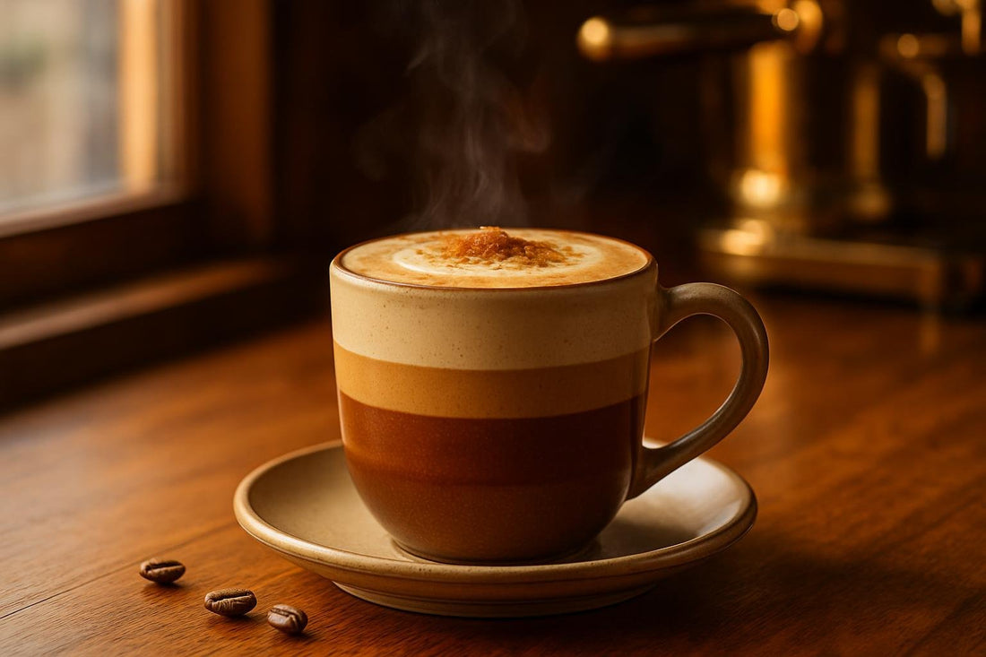 Brown Sugar Latte in a ceramic mug on an oak café counter