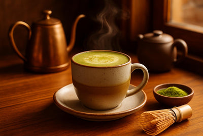 Brown Sugar Matcha Latte in a ceramic mug on an oak café counter