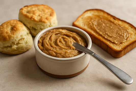 Brown Sugar Oat Butter in a crock with warm biscuits