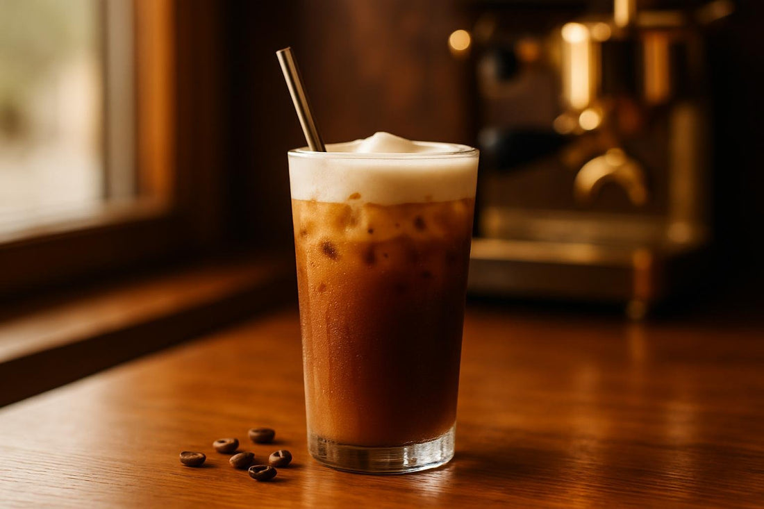 Brown Sugar Shaken Espresso in a glass on an oak café counter