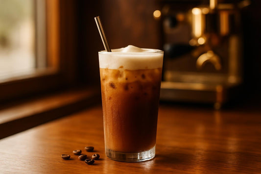 Brown Sugar Shaken Espresso in a glass on an oak café counter