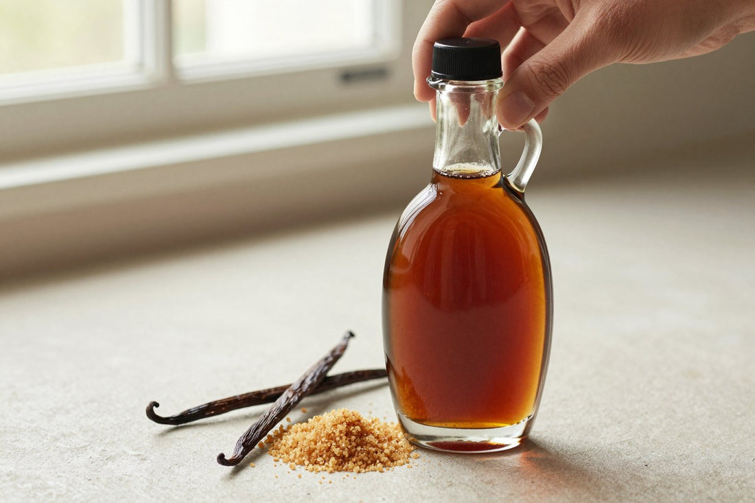 A small glass bottle of brown sugar syrup with a pour spout, beside an iced latte sweetened with it