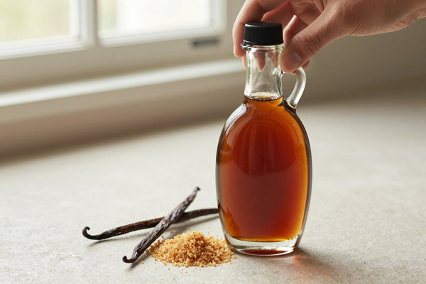 A small glass bottle of brown sugar syrup with a pour spout, beside an iced latte sweetened with it