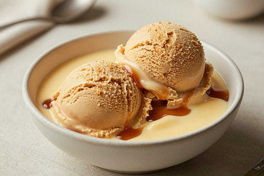 Two generous scoops of brown sugar vanilla ice cream in a shallow ceramic bowl, softly melting at the edges