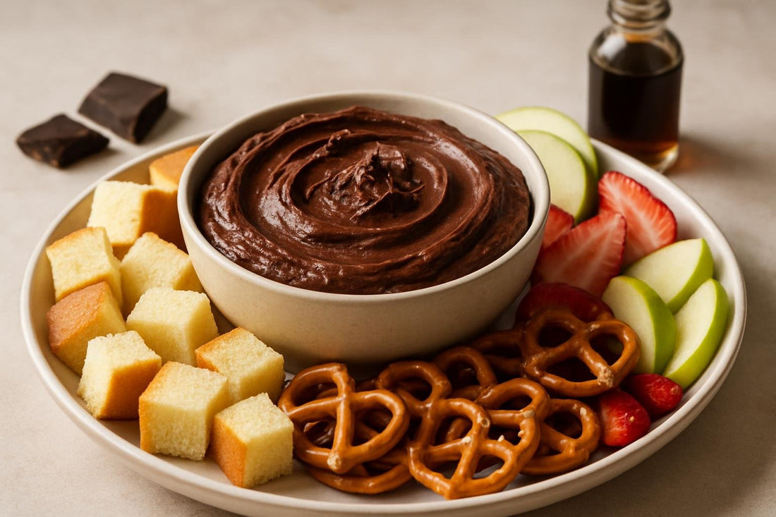 Bowl of brownie batter dip with brioche, pretzels and fruit