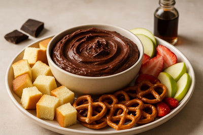 Bowl of brownie batter dip with brioche, pretzels and fruit