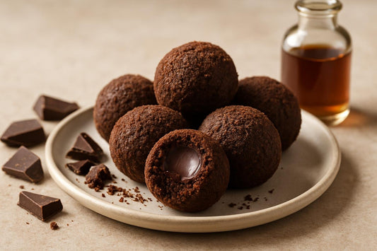 Brownie Crumb Truffles on a plate, one bitten