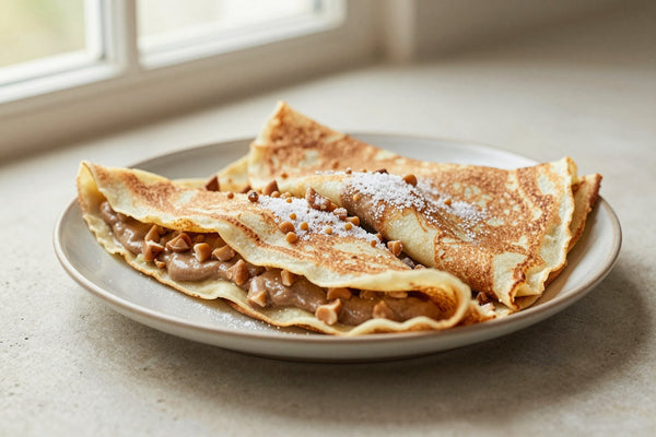 Folded buckwheat-sweet crêpes on a plate, the filling and toppings from the recipe clearly visible