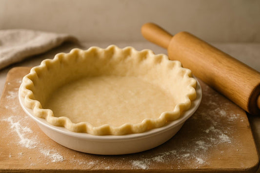 An unfilled, crimped butter and shortening pie dough in a ceramic pie plate on a floured wooden board with a rolling pin besi