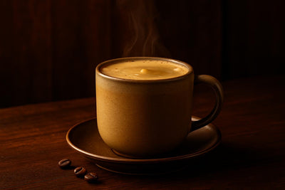 Butter Coffee in a ceramic mug on an oak bar