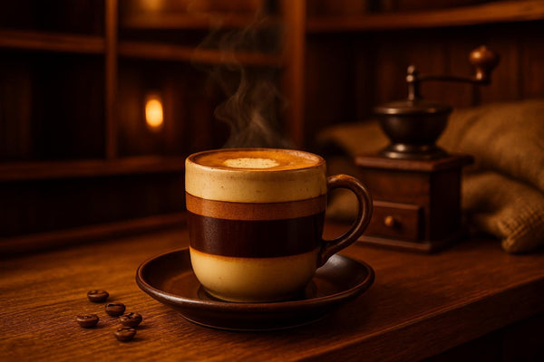 Café Bombón in a ceramic mug on an oak bar