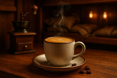 Café Cubano in a ceramic mug on an oak bar
