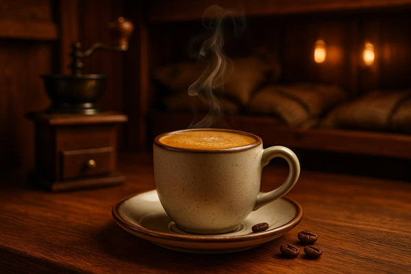 Café Cubano in a ceramic mug on an oak bar