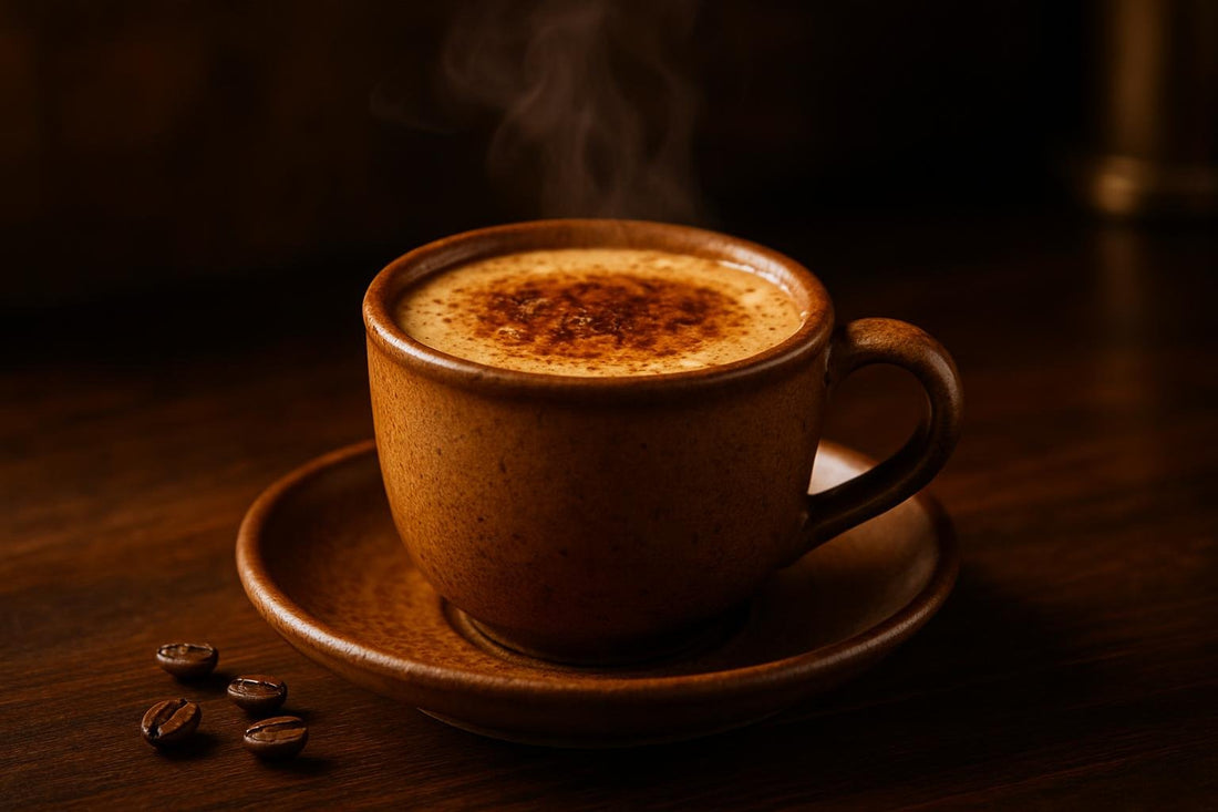 Café de Olla in a ceramic mug on an oak bar