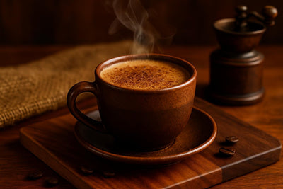 Café Touba in a ceramic mug on an oak serving board