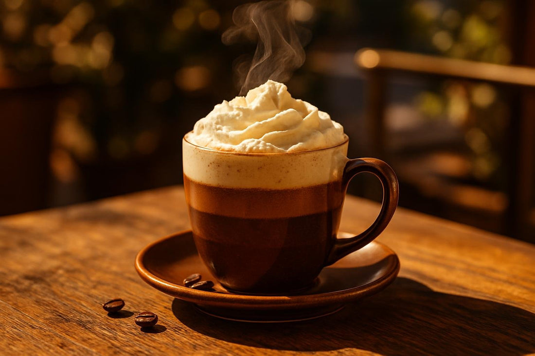 Café Viennois in a ceramic mug on an oak patio table