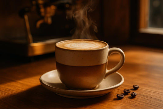 Caffè Latte in a ceramic mug on an oak café counter