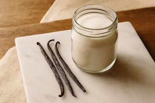 Three rinsed vanilla bean pods lying on a white marble surface next to a glass jar filled with granulated white sugar, shot