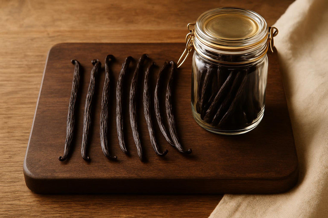 Whole vanilla beans arranged on a dark wood cutting board beside a sealed glass Mason jar filled with beans, shot from