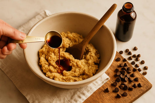 Measuring spoon pouring vanilla extract into mixing bowl with cookie dough, wooden spoon and scattered chocolate chips on