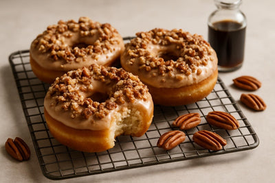 Doughnuts finished with candied pecan crunch on a cooling rack