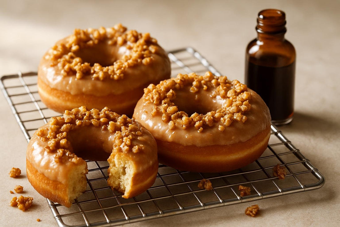 Doughnuts finished with candied walnut crunch on a cooling rack