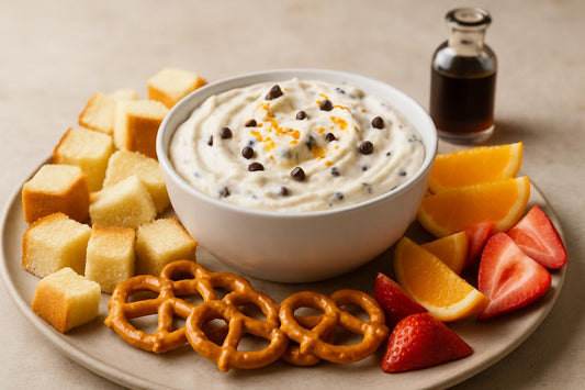 Bowl of cannoli cream dip with brioche, pretzels and fruit