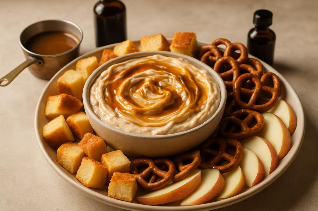 Bowl of caramel apple dip with brioche, pretzels and fruit