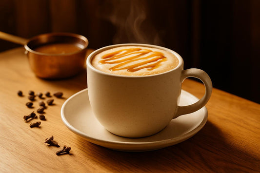 Caramel Apple Latte in a ceramic mug on an oak kitchen island