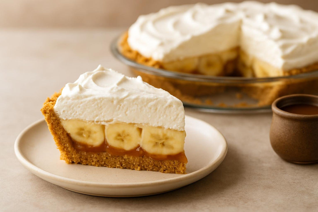 Slice of caramel banana cream pie