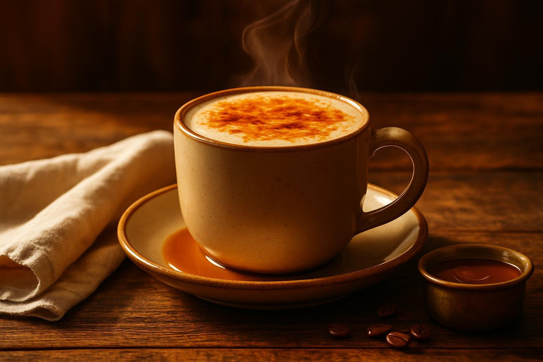 Caramel Brûlée Latte in a ceramic mug on an oak table