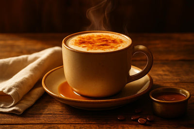 Caramel Brûlée Latte in a ceramic mug on an oak table