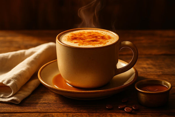 Caramel Brûlée Latte in a ceramic mug on an oak table