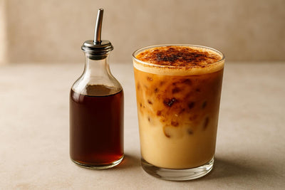 A small glass bottle of caramel brûlée syrup with a pour spout, beside an iced latte sweetened with it