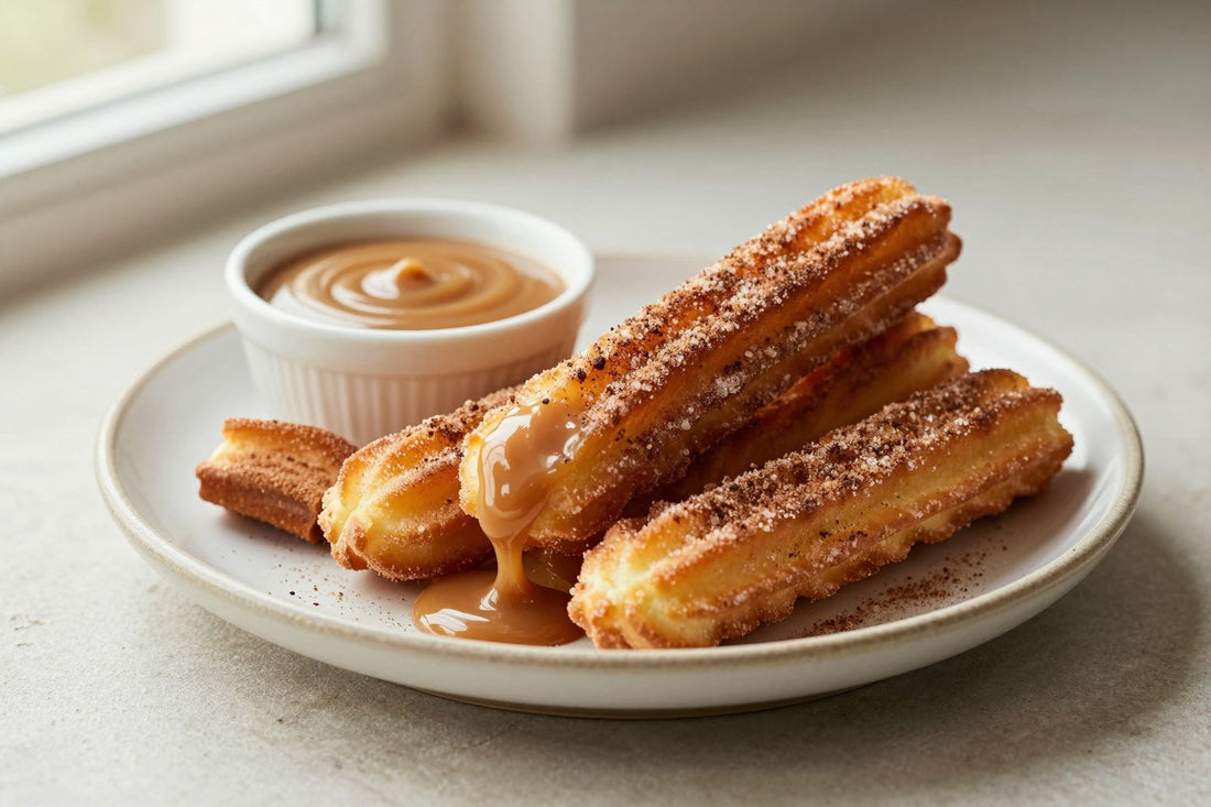 Caramel churros piled on a plate, coated in cinnamon sugar, with a small bowl of dipping sauce