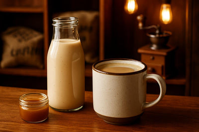 Caramel Creamer in a ceramic mug on an oak bar