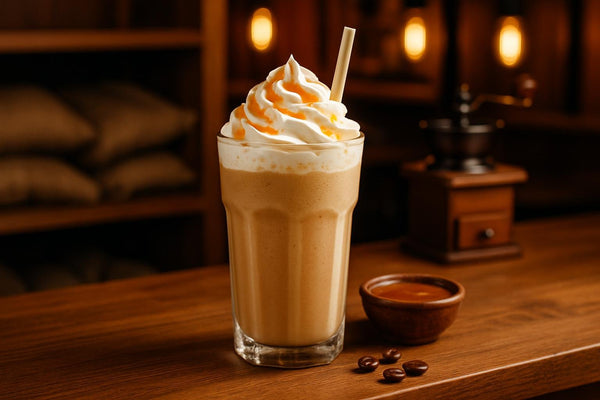 Caramel Crème Frappé in a glass on an oak bar