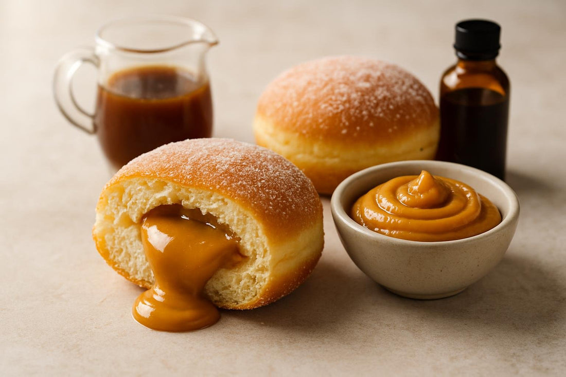Filled doughnut cut open to show caramel custard