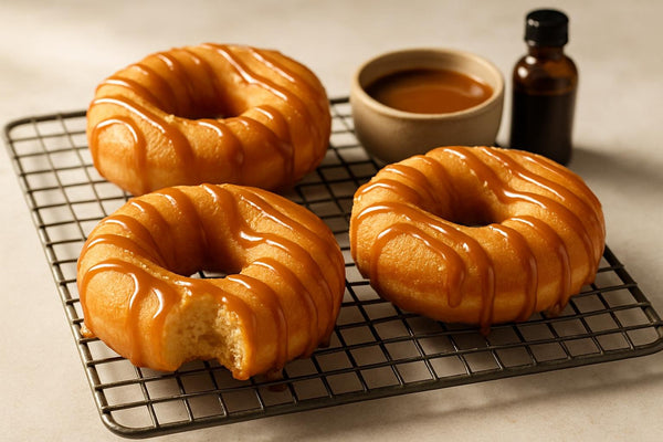 Doughnuts finished with caramel drizzle on a cooling rack