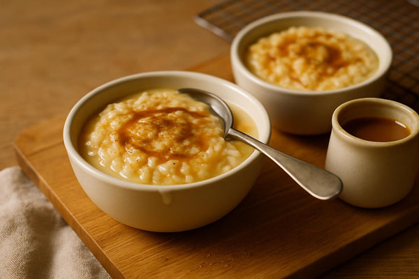 Caramel Rice Pudding served on an oak table