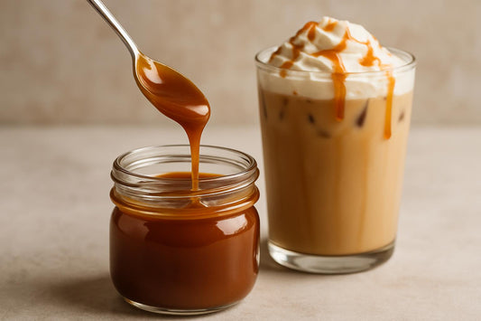A small glass jar of glossy amber caramel sauce with a spoon lifting a ribbon of it, beside an iced caramel latte with carame