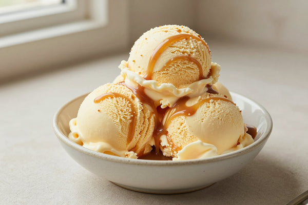Two generous scoops of caramel swirl ice cream in a shallow ceramic bowl, softly melting at the edges