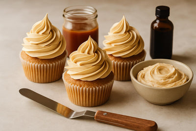 Cupcakes piped with caramel Swiss meringue buttercream frosting