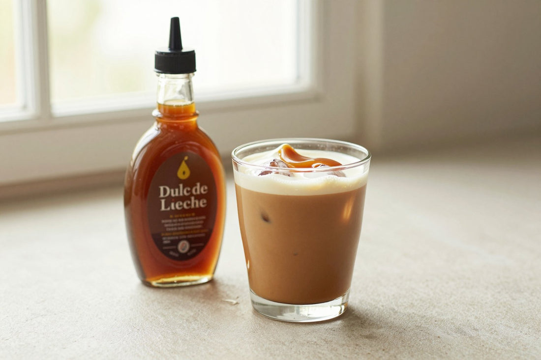 A small glass bottle of caramel syrup with a pour spout, beside an iced latte sweetened with it