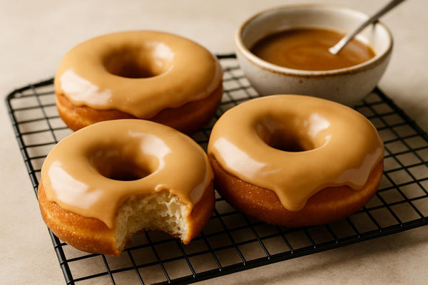 Doughnuts finished with caramelized white chocolate glaze on a cooling rack